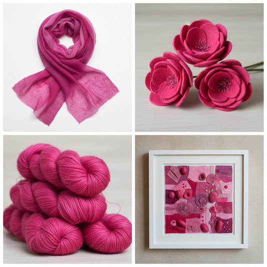 Collage – Textile art made from hand-dyed fuchsia silk cocoons