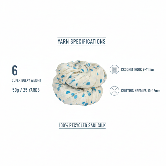 Infographic showing KNITSILK polka dot ribbon yarn specs: Super Bulky Weight 6, 50g/25 yards, crochet hook 9-11mm, knitting needles 10-12mm