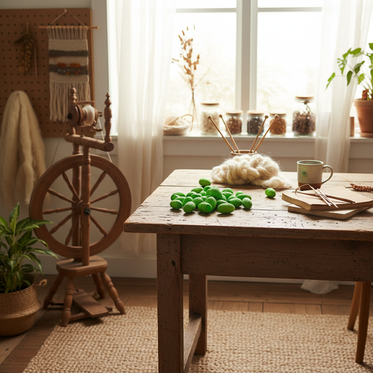 Lifestyle – lime apple green silk cocoons in artisan studio