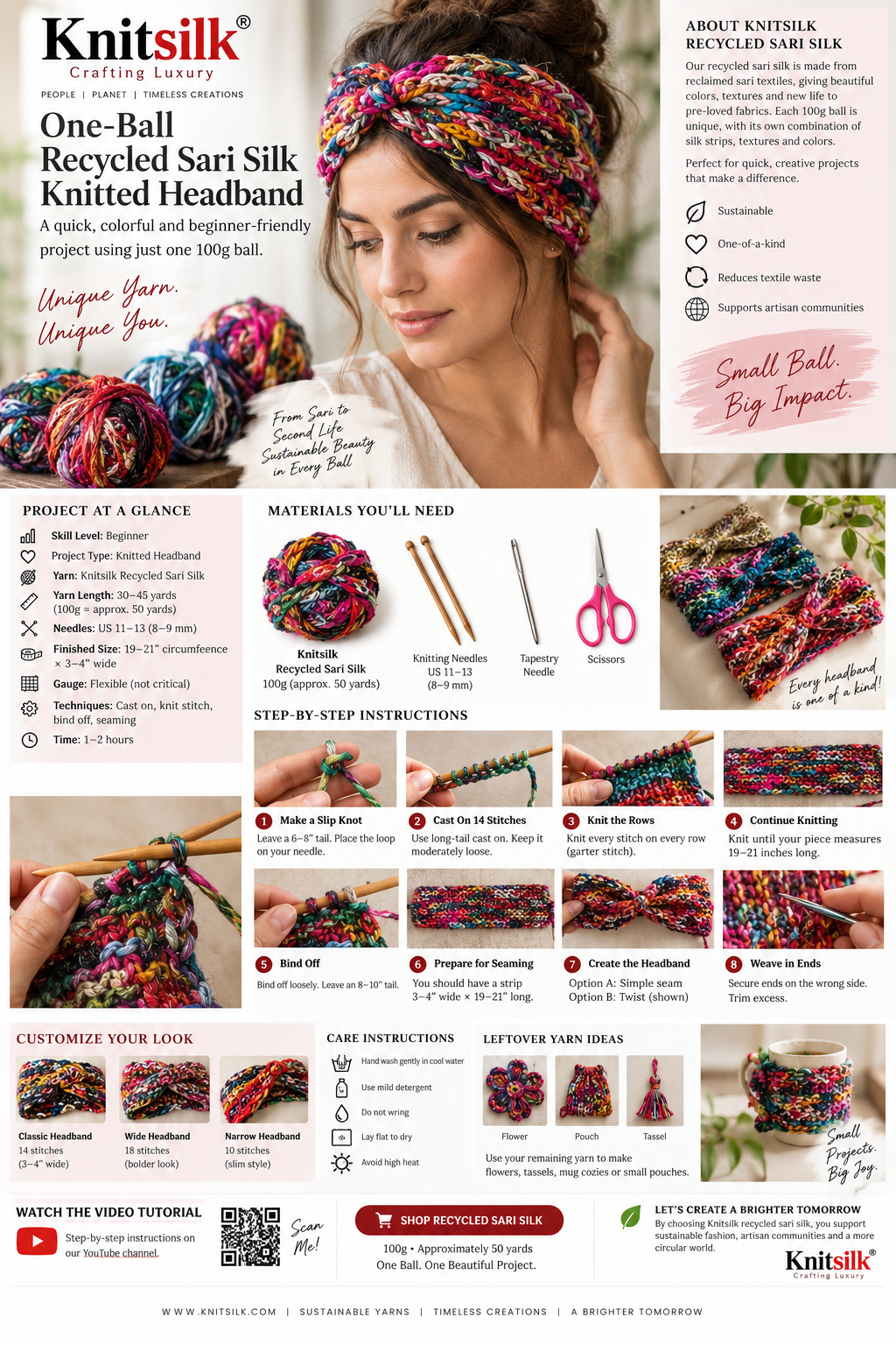 Knitsilk One-Ball Recycled Sari Silk Knitted Headband — free beginner knitting pattern with step-by-step instructions