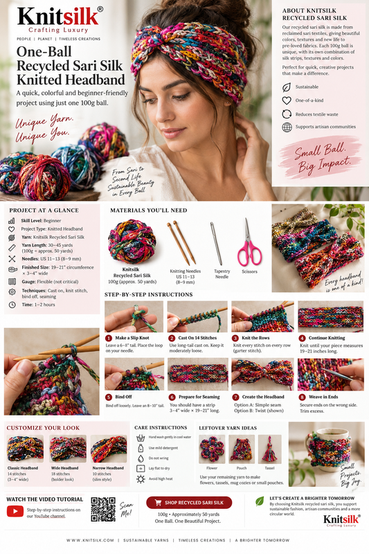 Knitsilk One-Ball Recycled Sari Silk Knitted Headband — free beginner knitting pattern with step-by-step instructions