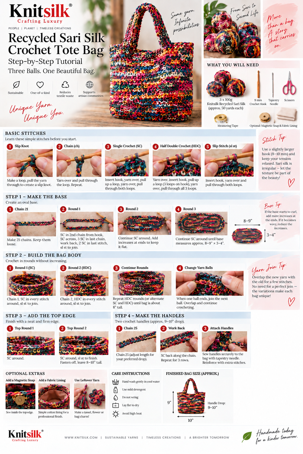 Knitsilk Recycled Sari Silk Statement Tote — free crochet pattern No.2, step-by-step tutorial infographic