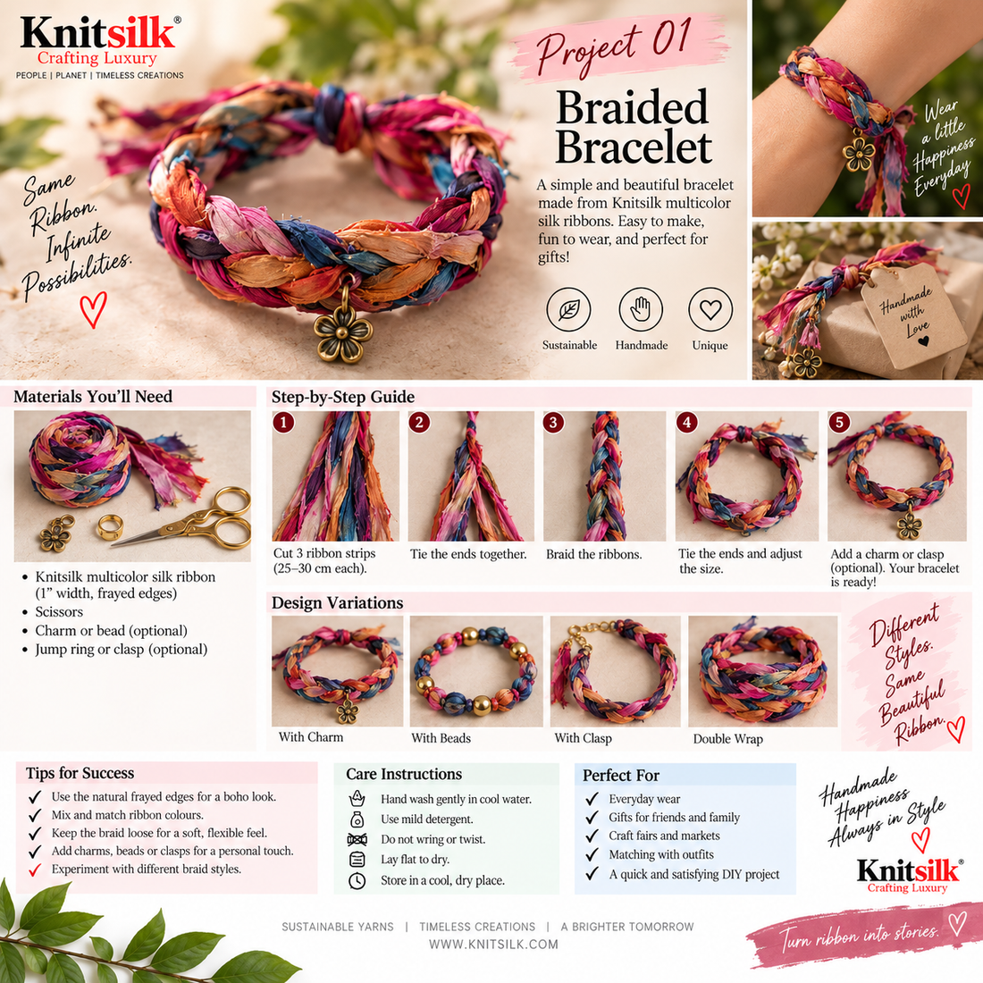 DIY Braided Multicolor Silk Ribbon Bracelet 🌈✨ Free Tutorial
