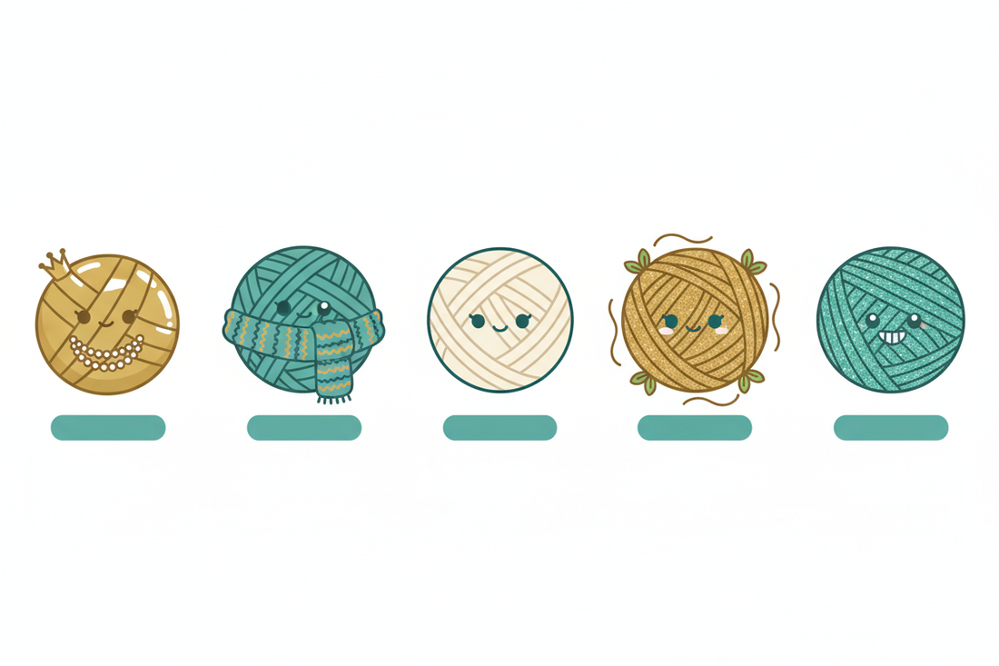 Cartoon comparison of silk, wool, cotton, linen and acrylic yarn balls — Knitsilk Europe yarn guide