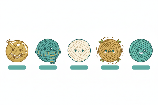 Cartoon comparison of silk, wool, cotton, linen and acrylic yarn balls — Knitsilk Europe yarn guide