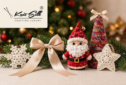 AI-generated Christmas concept scene with KnitSilk branding, Santa ornament, sari silk tree, ribbon bow, silk star and snowflake.