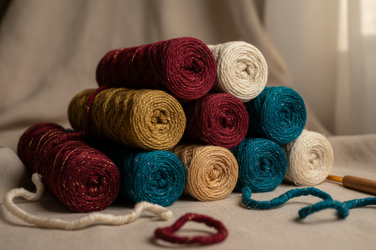 Luxury recycled sari silk yarn skeins in jewel tones arranged on linen — Knitsilk launching in Europe and USA