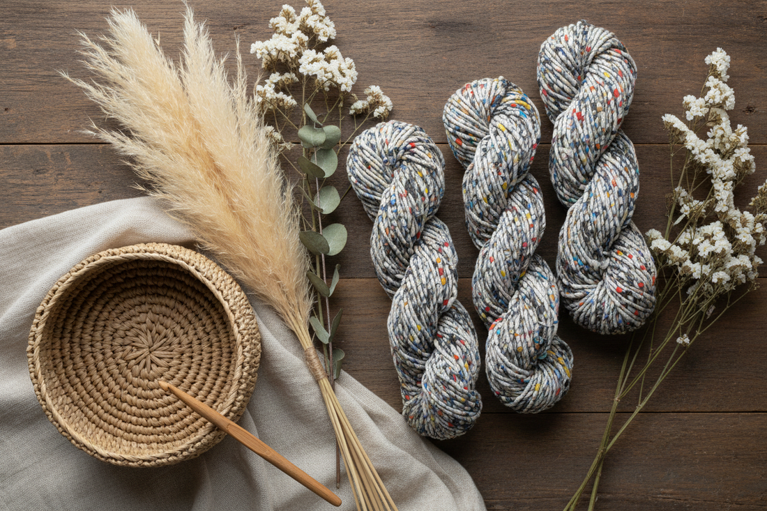 Knitsilk Recycled Newspaper Yarn skeins with dried flowers and wicker basket — eco craft lifestyle