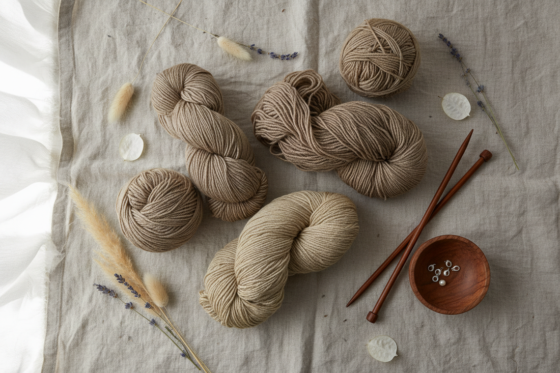 Knitsilk Tussah Wild Silk Yarn skeins in natural earth tones with dried botanicals and wooden knitting needles