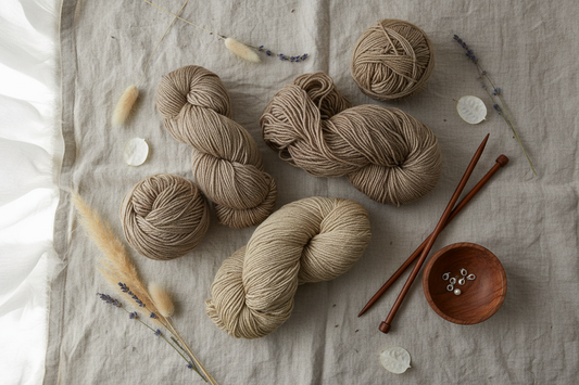 Knitsilk Tussah Wild Silk Yarn skeins in natural earth tones with dried botanicals and wooden knitting needles