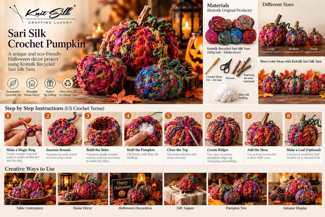 KnitSilk sari silk crochet pumpkin visual overview with materials, eight stages and autumn decorating inspiration.