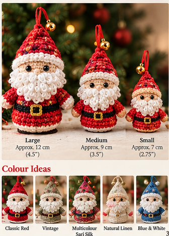 Jolly Santa ornament preview showing approximate 12, 9 and 7 cm concepts and several colour ideas, not three graded patterns.