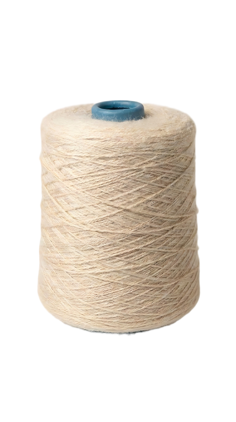 Natural-coloured KnitSilk Tussah wild silk yarn wound on a cone with a blue core.