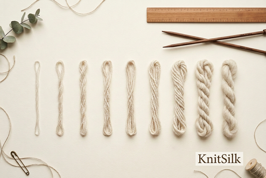 KnitSilk-watermarked AI illustration of pale yarn hanks from fine to thick beside knitting tools, not a calibrated category chart.