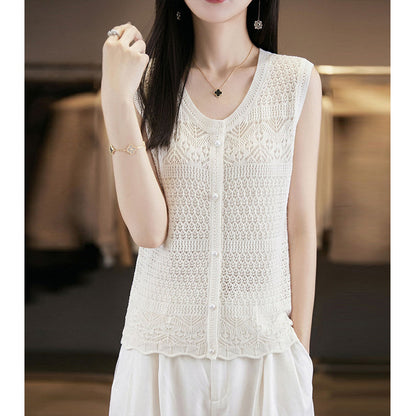White Crochet Knit Vest — Hollow-Out, Round Neck & Sleeveless Summer Top