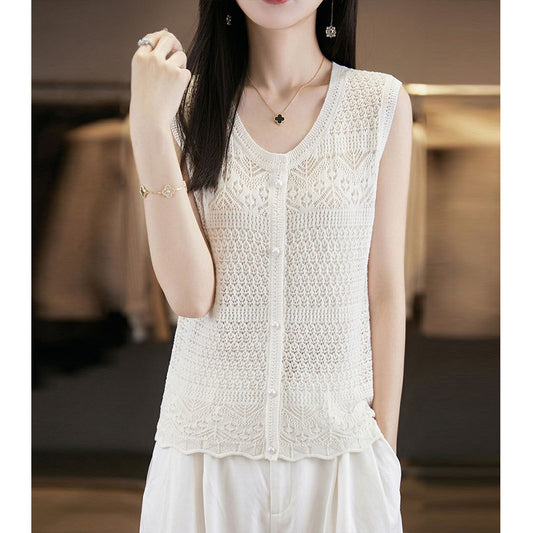 White Crochet Knit Vest — Hollow-Out, Round Neck & Sleeveless Summer Top