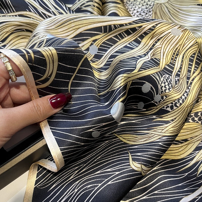Goldfish & Peony Silk Square Scarf | Chinese Art Mulberry Silk | 68×68cm