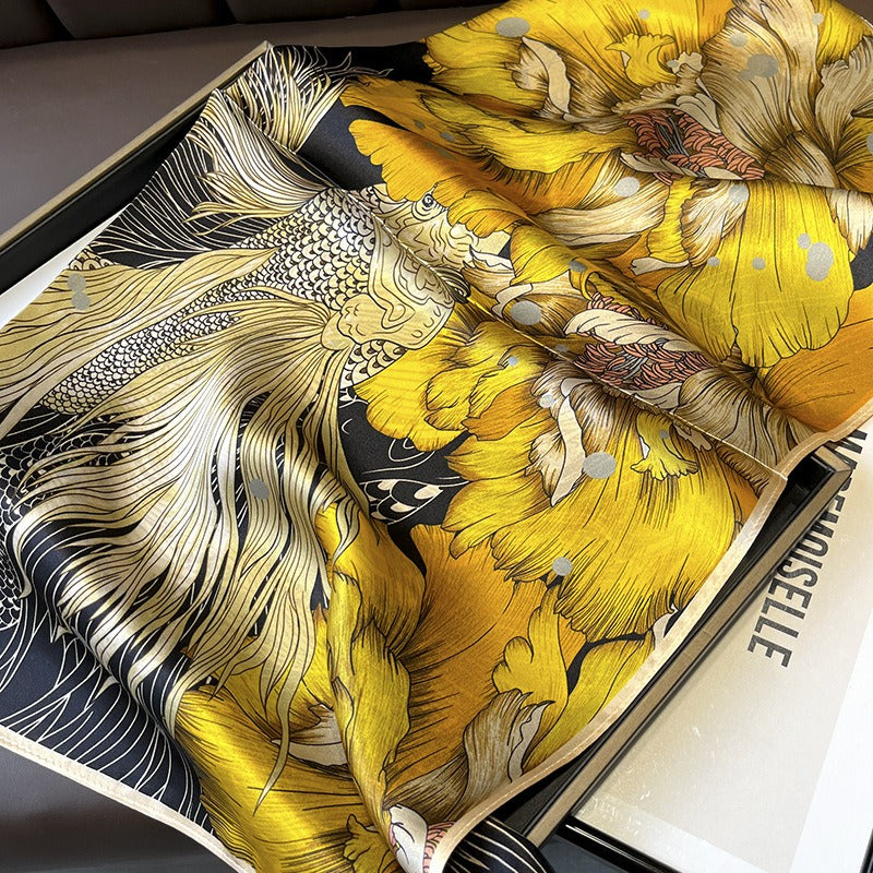 Goldfish & Peony Silk Square Scarf | Chinese Art Mulberry Silk | 68×68cm