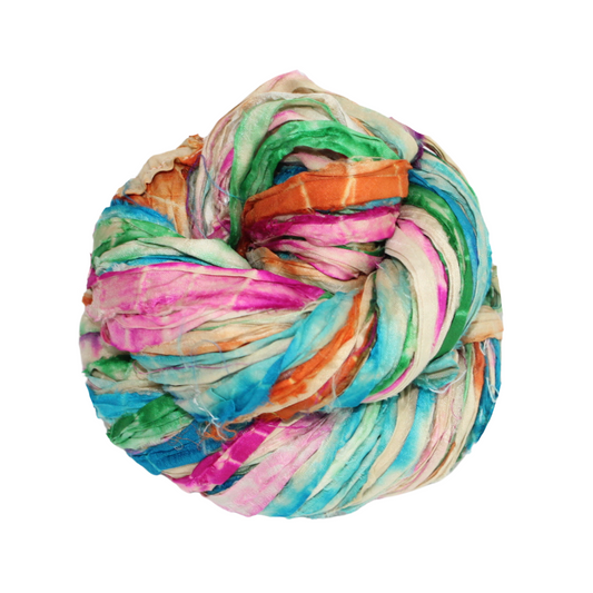 Knitsilk Recycled Shibori Sari Silk Ribbon Yarn – Super Bulky | Multicolor | Crochet, Knitting, Embroidery & Jewelry Making | 100g / 30 Yards
