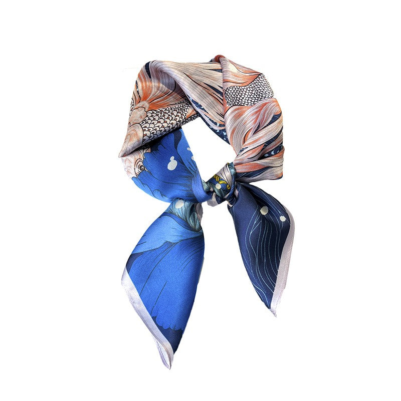 Goldfish & Peony Silk Square Scarf | Chinese Art Mulberry Silk | 68×68cm