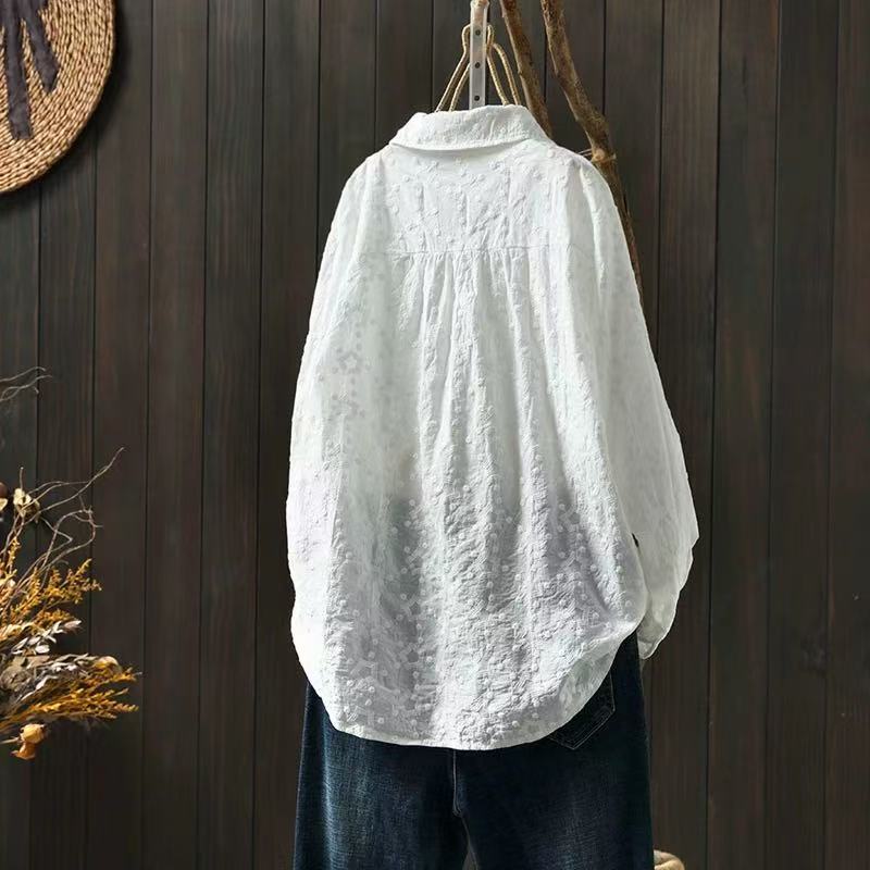 Pure Cotton Lace Crochet Blouse — Embroidered, Long Sleeve & Elegantly Loose