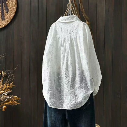 Pure Cotton Lace Crochet Blouse — Embroidered, Long Sleeve & Elegantly Loose