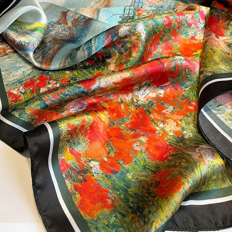 Mulberry Silk Square Scarf — Garden Landscape Oil Painting Print, 53×53 cm
