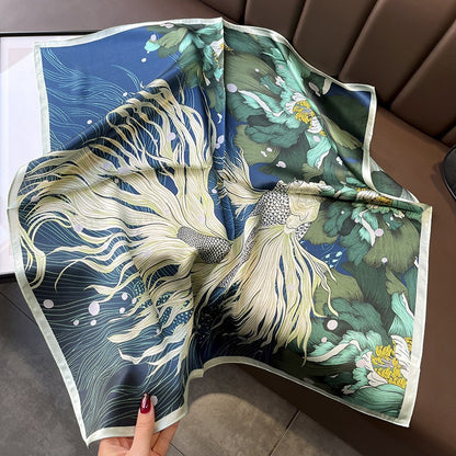 Goldfish & Peony Silk Square Scarf | Chinese Art Mulberry Silk | 68×68cm