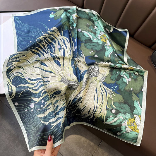 Goldfish & Peony Silk Square Scarf | Chinese Art Mulberry Silk | 68×68cm