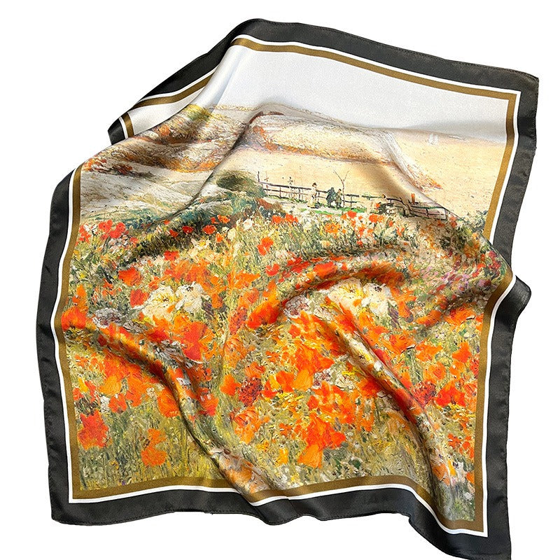 Mulberry Silk Square Scarf — Garden Landscape Oil Painting Print, 53×53 cm