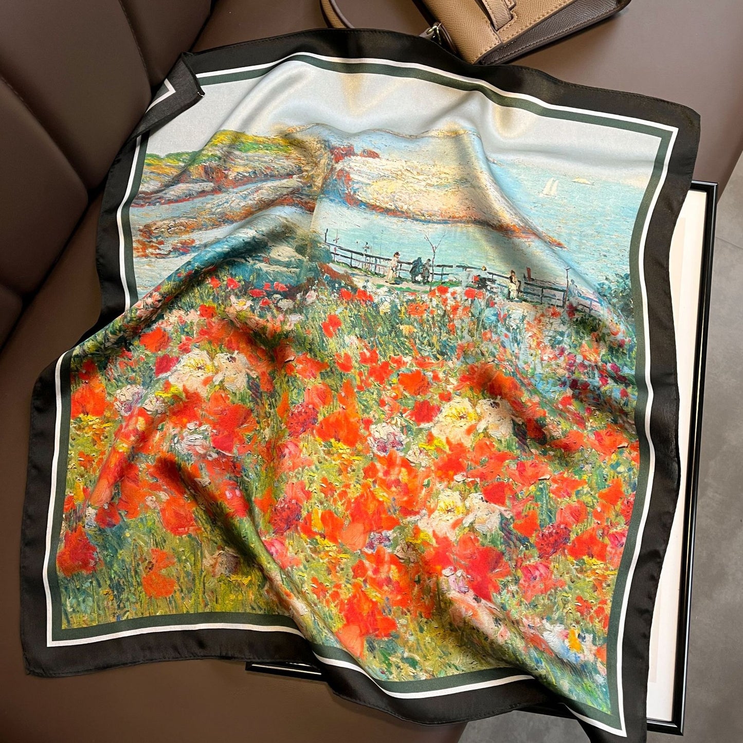 Mulberry Silk Square Scarf — Garden Landscape Oil Painting Print, 53×53 cm
