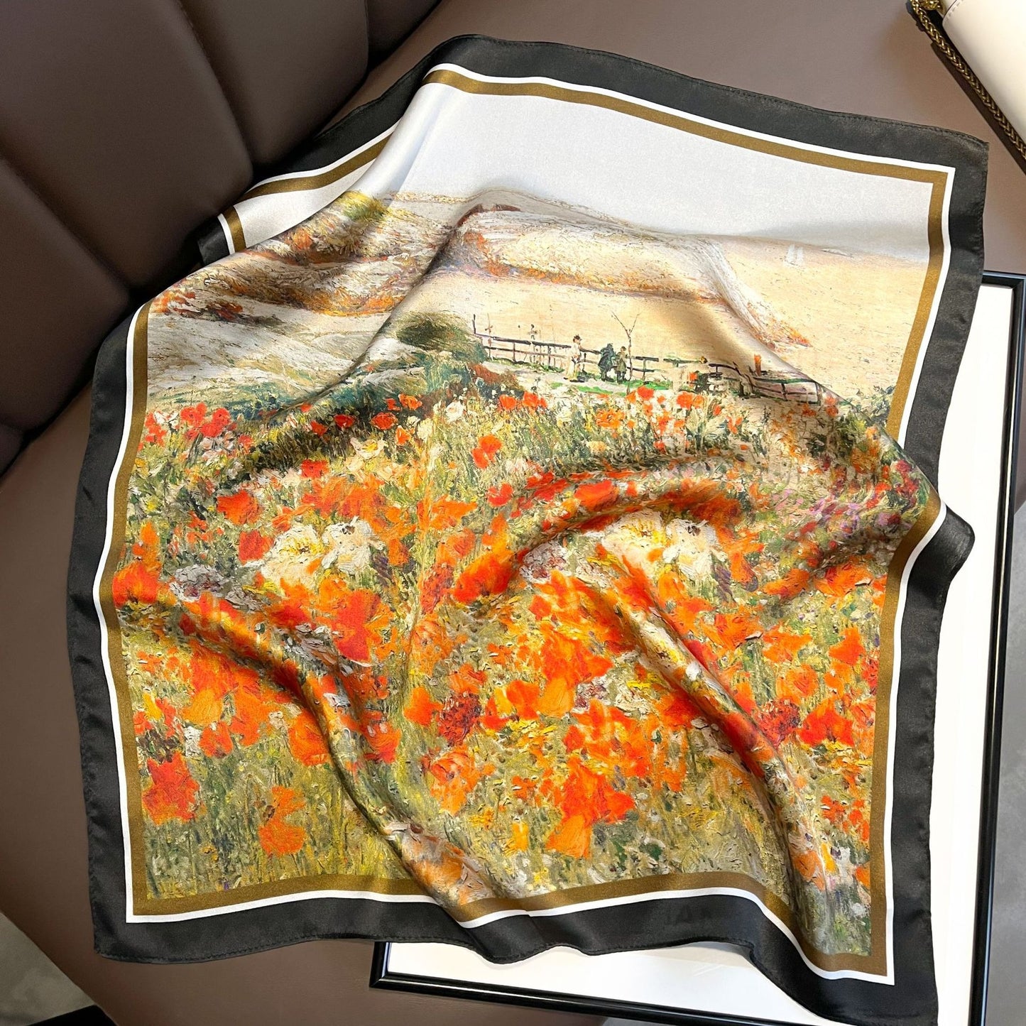 Mulberry Silk Square Scarf — Garden Landscape Oil Painting Print, 53×53 cm
