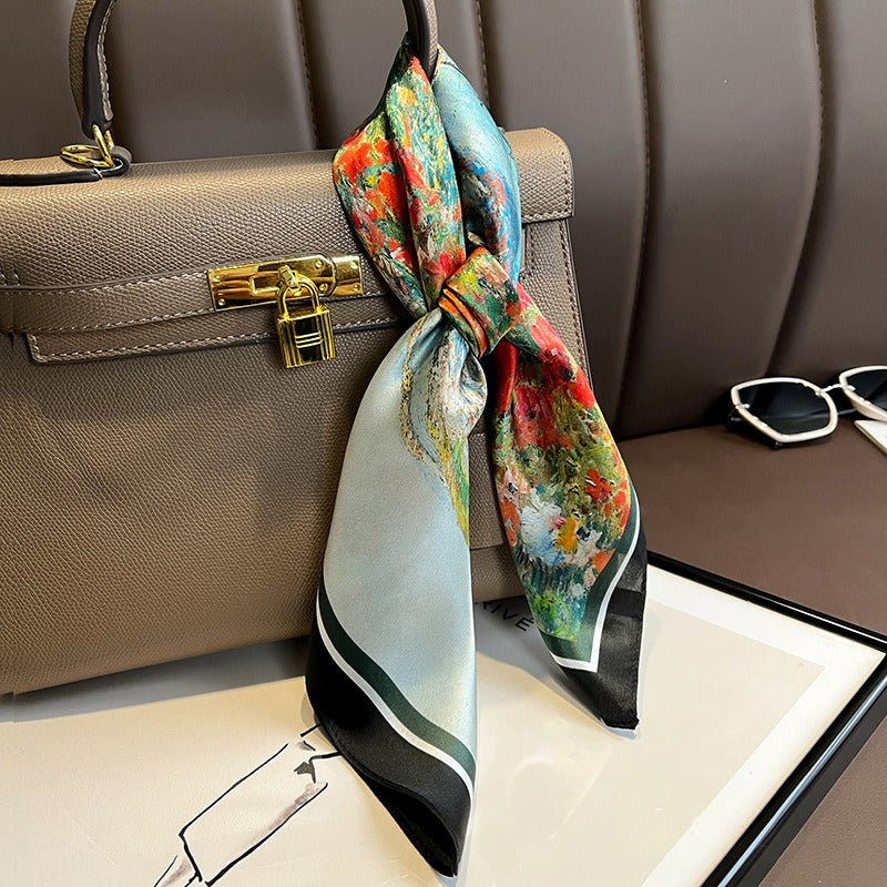 Mulberry Silk Square Scarf — Garden Landscape Oil Painting Print, 53×53 cm