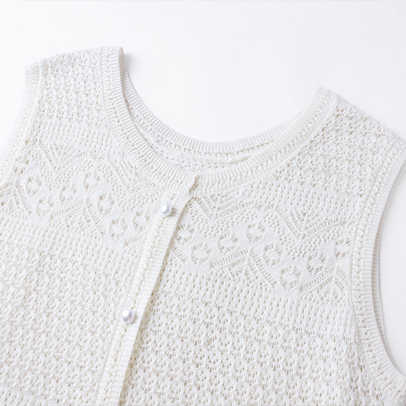 White Crochet Knit Vest — Hollow-Out, Round Neck & Sleeveless Summer Top