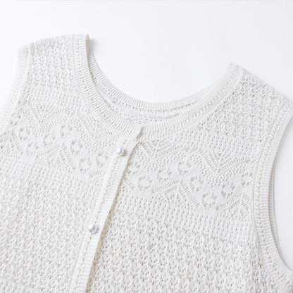 White Crochet Knit Vest — Hollow-Out, Round Neck & Sleeveless Summer Top