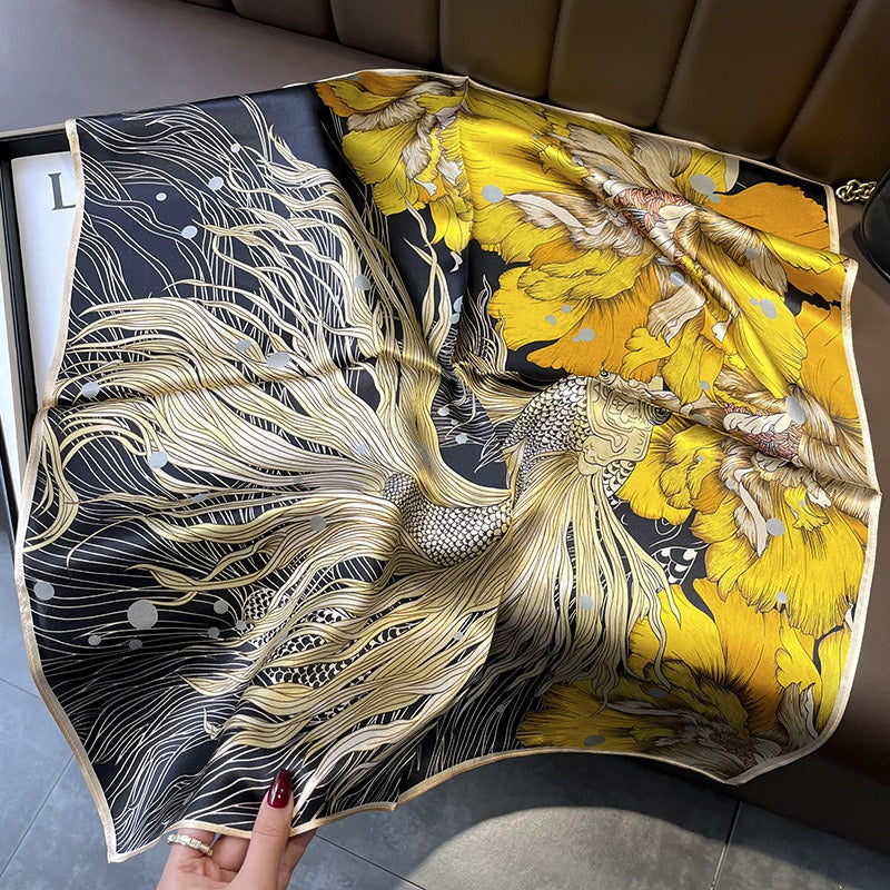 Goldfish & Peony Silk Square Scarf | Chinese Art Mulberry Silk | 68×68cm