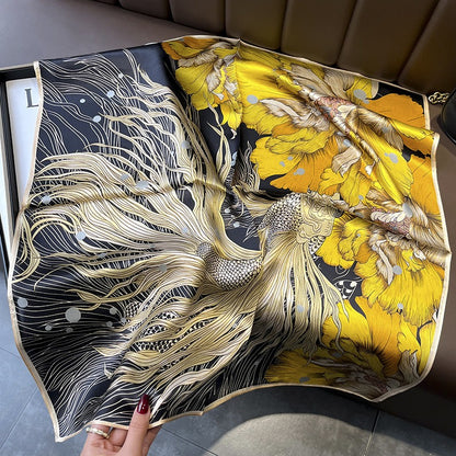 Goldfish & Peony Silk Square Scarf | Chinese Art Mulberry Silk | 68×68cm
