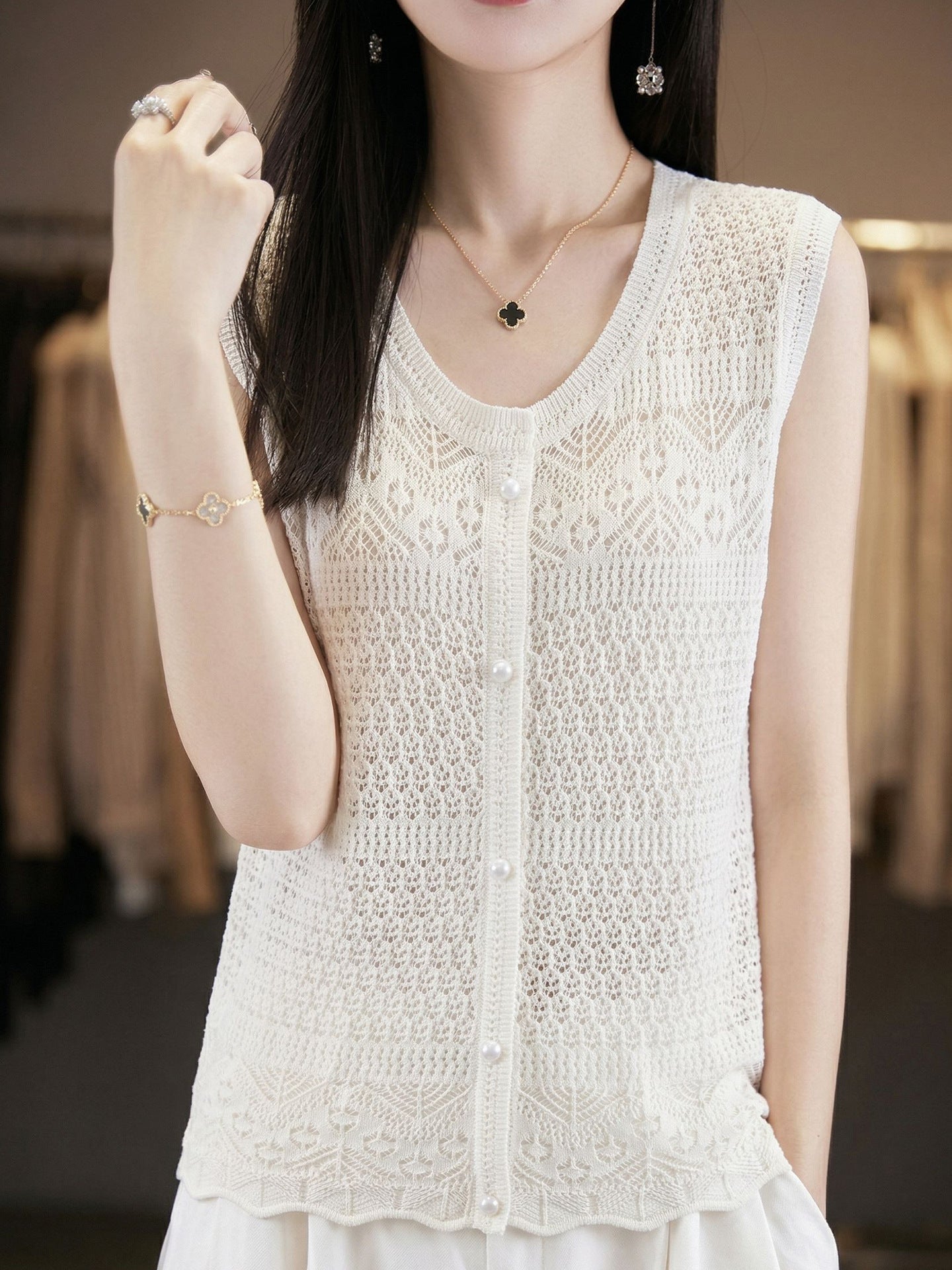White Crochet Knit Vest — Hollow-Out, Round Neck & Sleeveless Summer Top