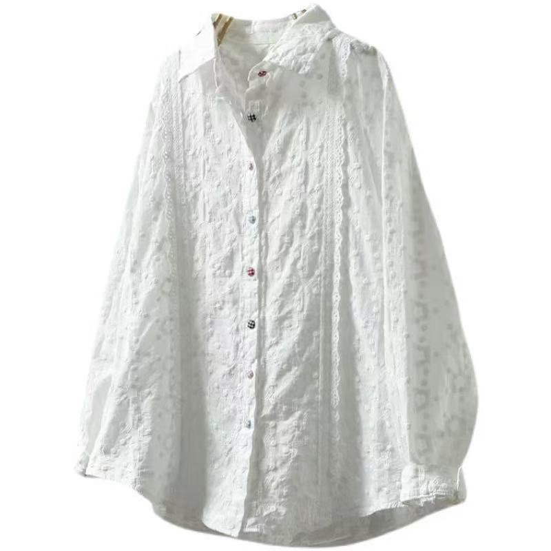 Pure Cotton Lace Crochet Blouse — Embroidered, Long Sleeve & Elegantly Loose