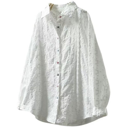Pure Cotton Lace Crochet Blouse — Embroidered, Long Sleeve & Elegantly Loose