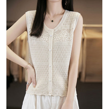 White Crochet Knit Vest — Hollow-Out, Round Neck & Sleeveless Summer Top