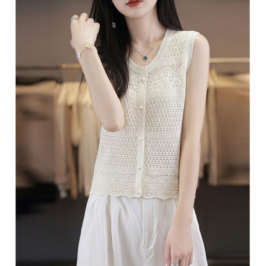 White Crochet Knit Vest — Hollow-Out, Round Neck & Sleeveless Summer Top