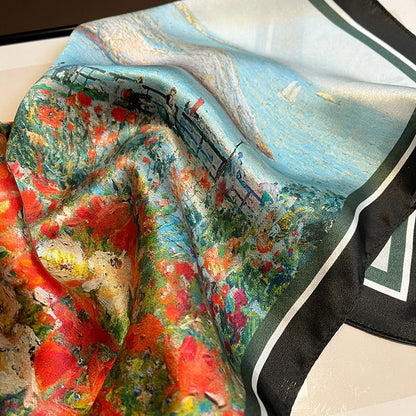 Mulberry Silk Square Scarf — Garden Landscape Oil Painting Print, 53×53 cm