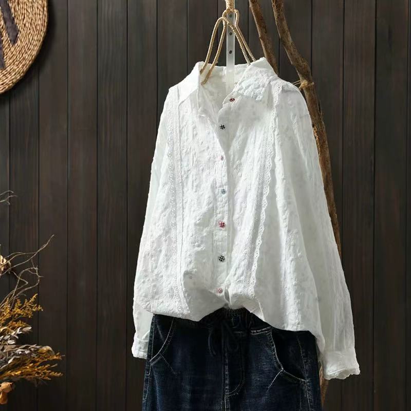 Pure Cotton Lace Crochet Blouse — Embroidered, Long Sleeve & Elegantly Loose