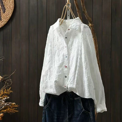 Pure Cotton Lace Crochet Blouse — Embroidered, Long Sleeve & Elegantly Loose