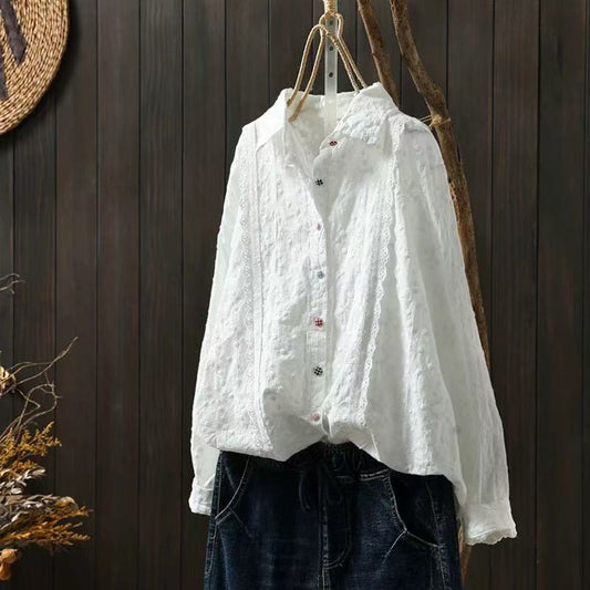 Pure Cotton Lace Crochet Blouse — Embroidered, Long Sleeve & Elegantly Loose