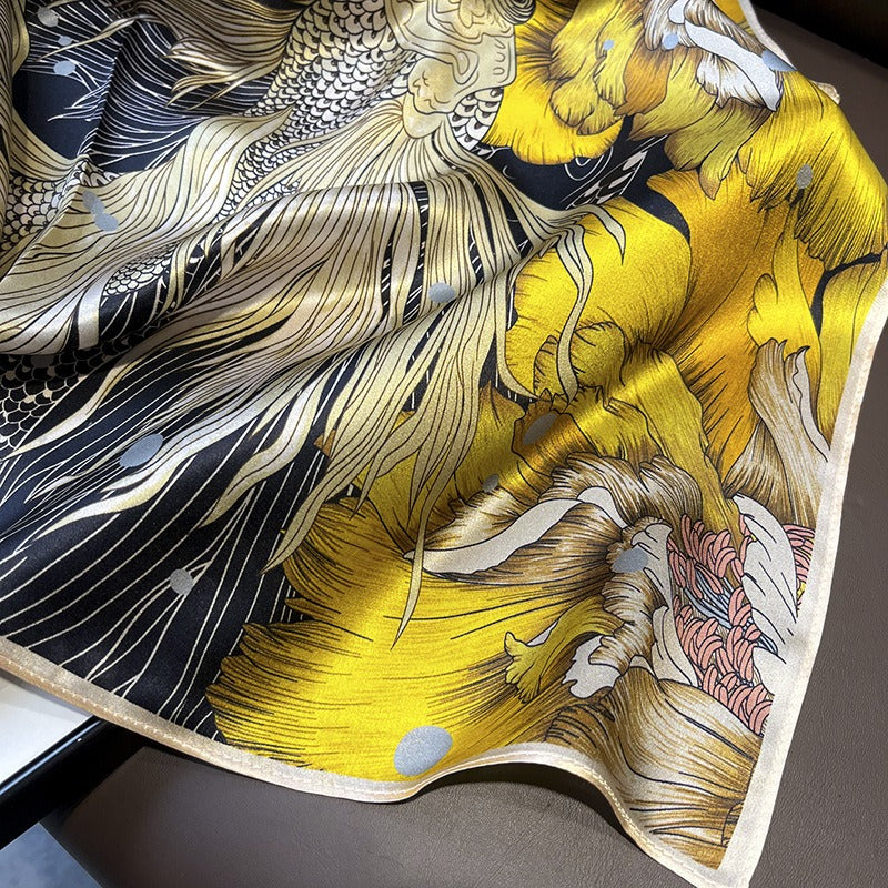 Goldfish & Peony Silk Square Scarf | Chinese Art Mulberry Silk | 68×68cm