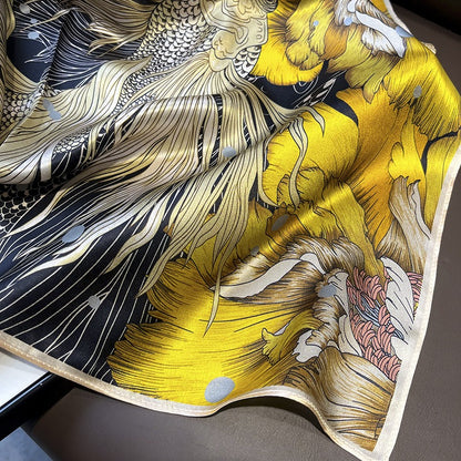 Goldfish & Peony Silk Square Scarf | Chinese Art Mulberry Silk | 68×68cm