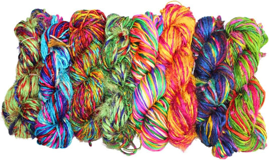 Knitsilk Kohinoor Premium Recycled Sari Silk Yarn - Unique Multicolor 100 Grams | 120+ Yards | Knit, Crochet, Weave, Crafts