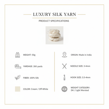 Knitsilk 3 Ply 100% Mulberry Silk Lace Weight Yarn | Perfect for Knitting, Crocheting & Weaving | Premium Quality Silk Yarn for Luxurious Projects (50g – 260 Yards, Ivory)